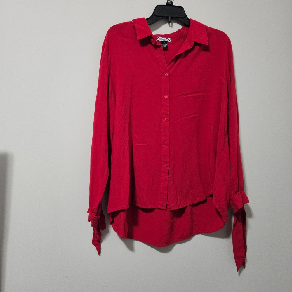 Belle Tweed Red Rayon Button‎ Down Shirt High Low Tie Cuff Long Sleeve Womens 1X